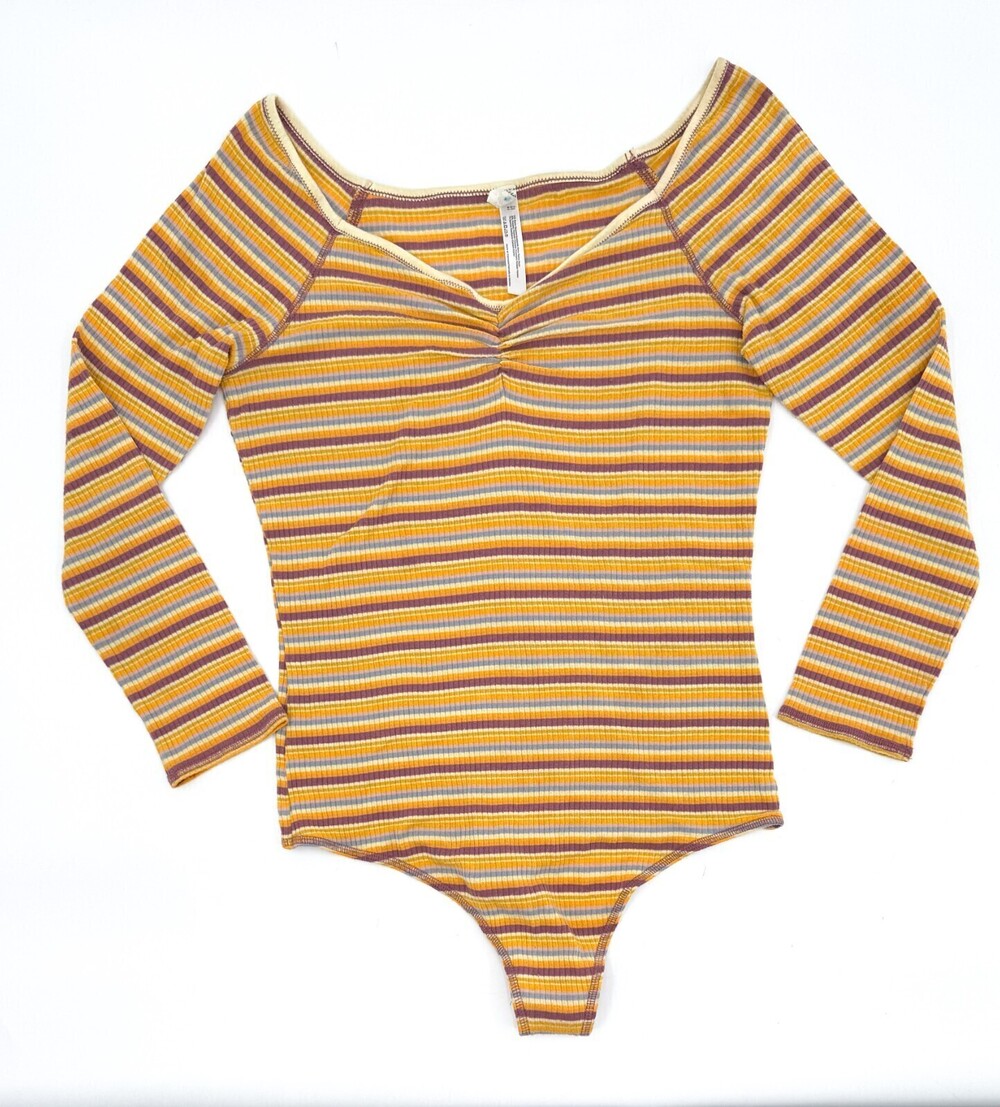 Free People Intimately Bodysuit Large Orange Yellow Long Sleeve Thong